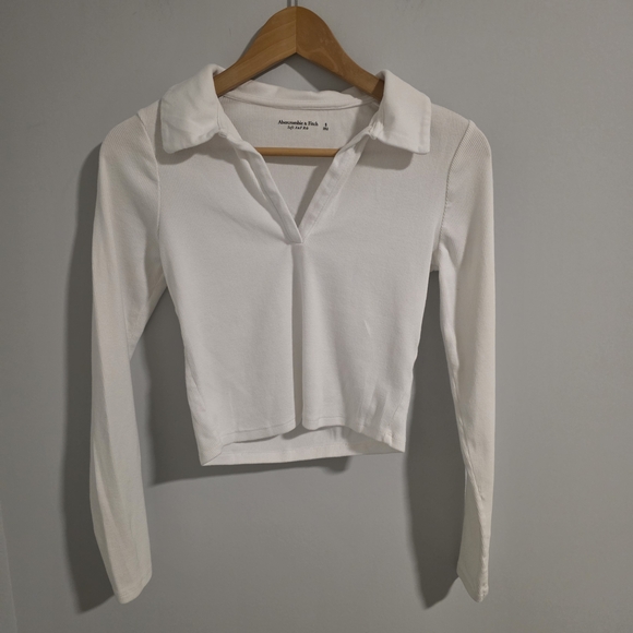 Abercrombie & Fitch Ribbed Polo Crop Top Long Sleeve White Size S - Picture 2 of 7